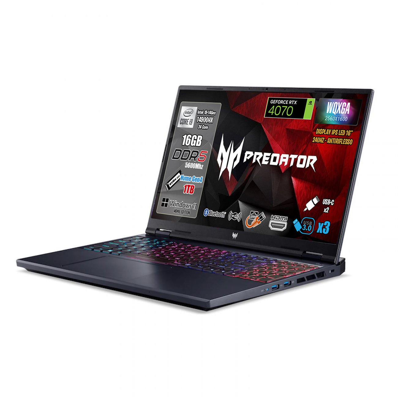 NOTEBOOK ACER PREDATOR HELIOS NEO 16,INTEL I9-14900HX, 16GB DDR5 RAM, 1TB SSD, 16.0 FHD IPS WQXGA, GEFORCE RTX 4070 8GB GDDR6, WINDOWS 11 HOME, TASTIERA RGB