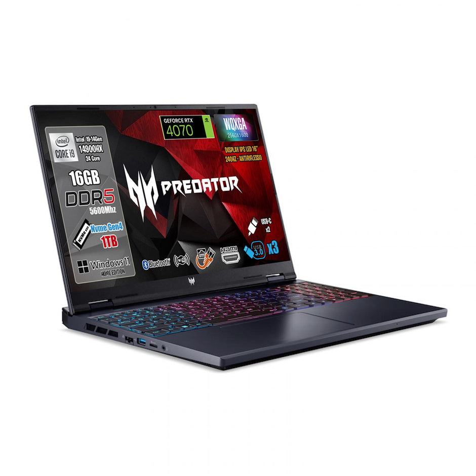 NOTEBOOK ACER PREDATOR HELIOS NEO 16,INTEL I9-14900HX, 16GB DDR5 RAM, 1TB SSD, 16.0 FHD IPS WQXGA, GEFORCE RTX 4070 8GB GDDR6, WINDOWS 11 HOME, TASTIERA RGB