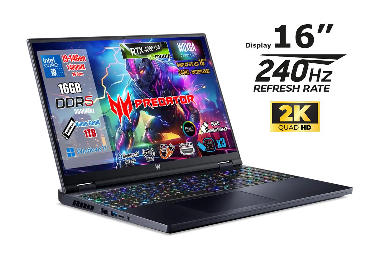 NOTEBOOK ACER PREDATOR HELIOS 16,INTEL I9-14900HX, 16GB DDR5 RAM, 1TB SSD, 16.0 IPS WQXGA, GEFORCE RTX 4080 12GB GDDR6, WINDOWS 11 HOME, TASTIERA RGB