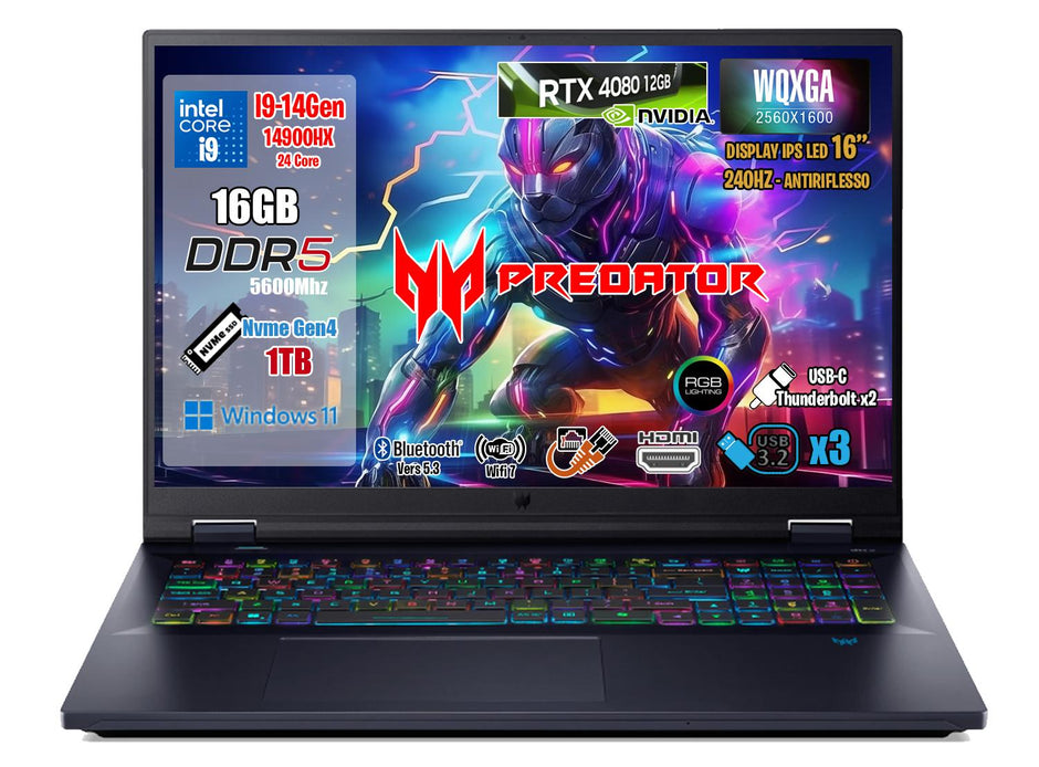 NOTEBOOK ACER PREDATOR HELIOS 16,INTEL I9-14900HX, 16GB DDR5 RAM, 1TB SSD, 16.0 IPS WQXGA, GEFORCE RTX 4080 12GB GDDR6, WINDOWS 11 HOME, TASTIERA RGB